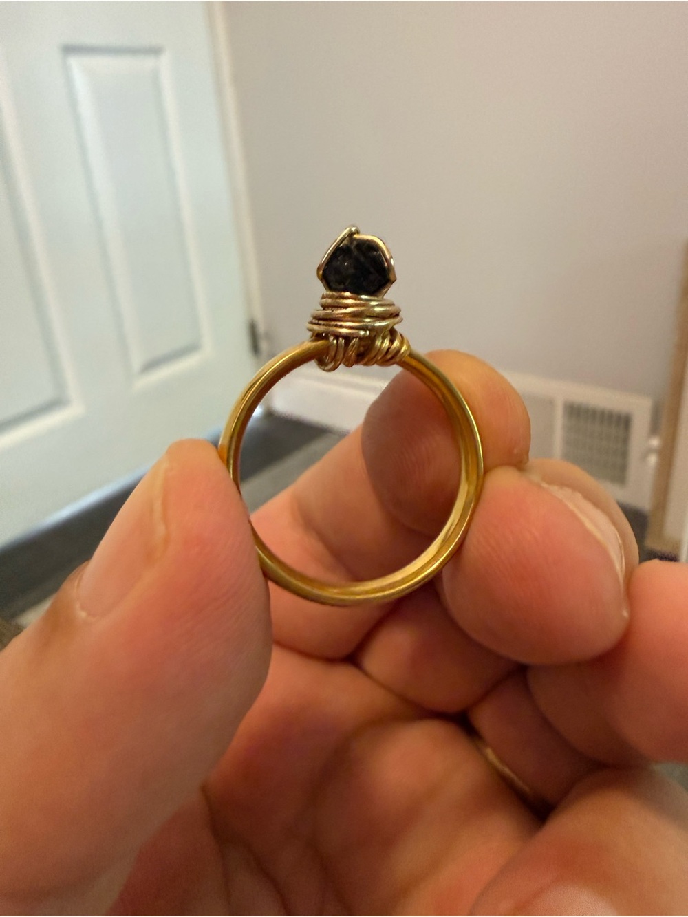Handcrafted Gold-Tone Wire Wrapped Ring with Black Stone Moldavite